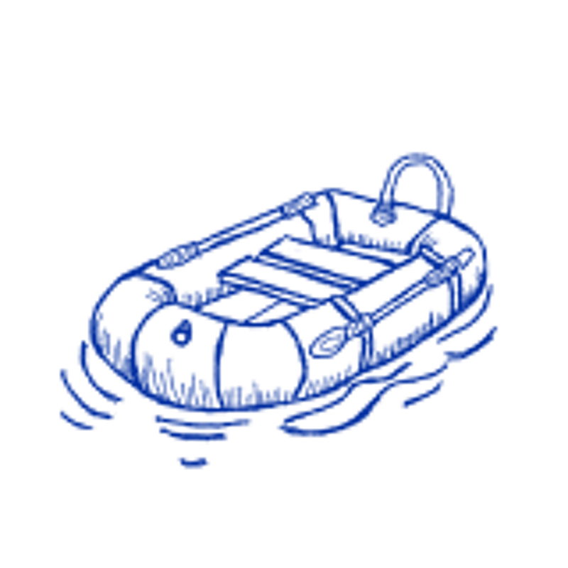 The image shows a blue inflatable boat outlined in a sketch style against a black background. The boat has a rounded shape with what appears to be a seat or support structure inside. There are also some ripple-like lines underneath, possibly indicating that it is in water or suggesting movement. The style is simple and illustrative.